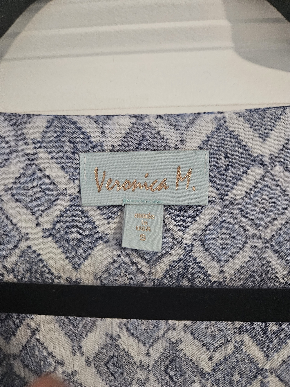 Veronica M Boho Blue and White Diamond Print V-Neck Blouse - Size Medium - Picture 2 of 5